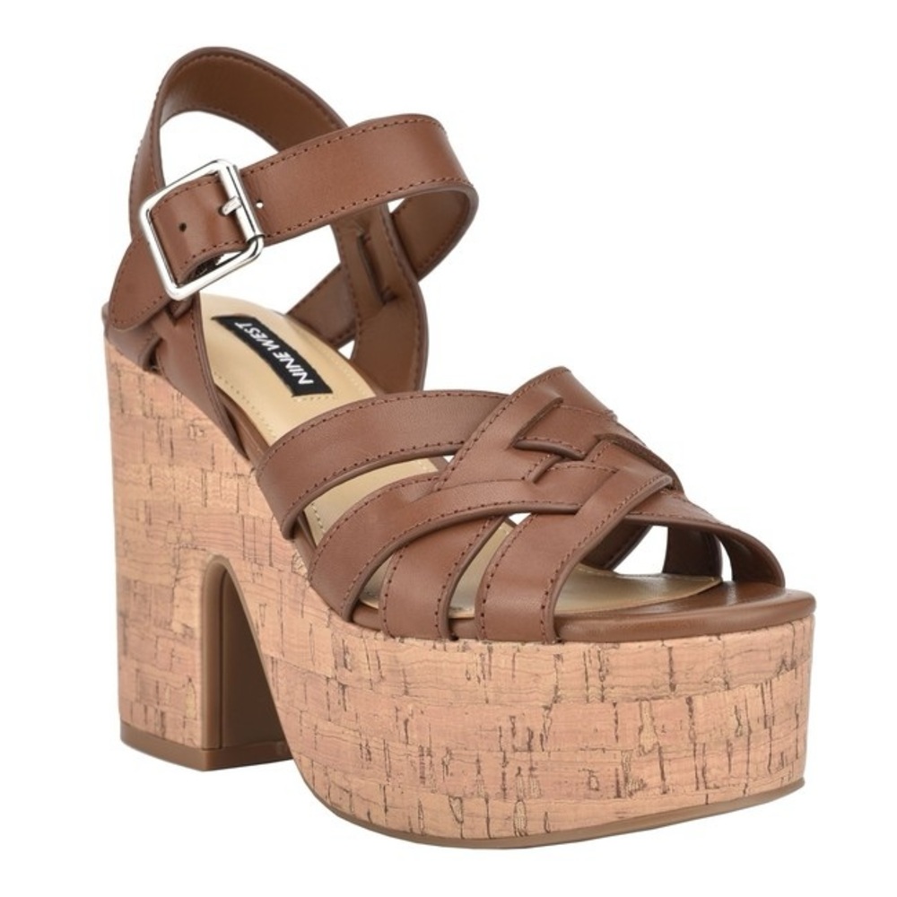 NINE WEST CHEERS Brown Leather Cork Platform Sandals